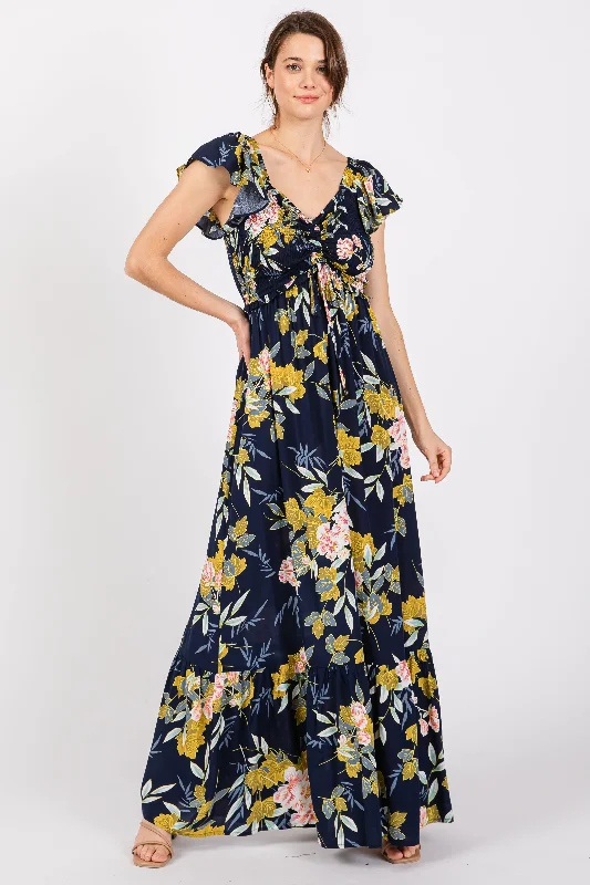 Navy Floral Smocked Cinched Top Maxi Dress