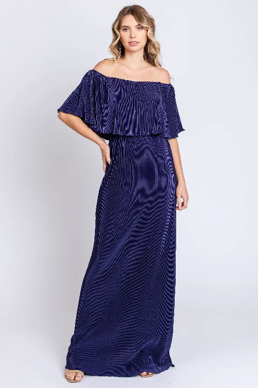 Navy Pleated Ruffle Off Shoulder Maxi Dress