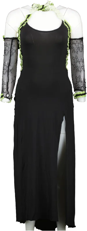 No Dress Sense Lace Sleeved Black Midi Dress UK M Trendy Ruched Side Midi Dress