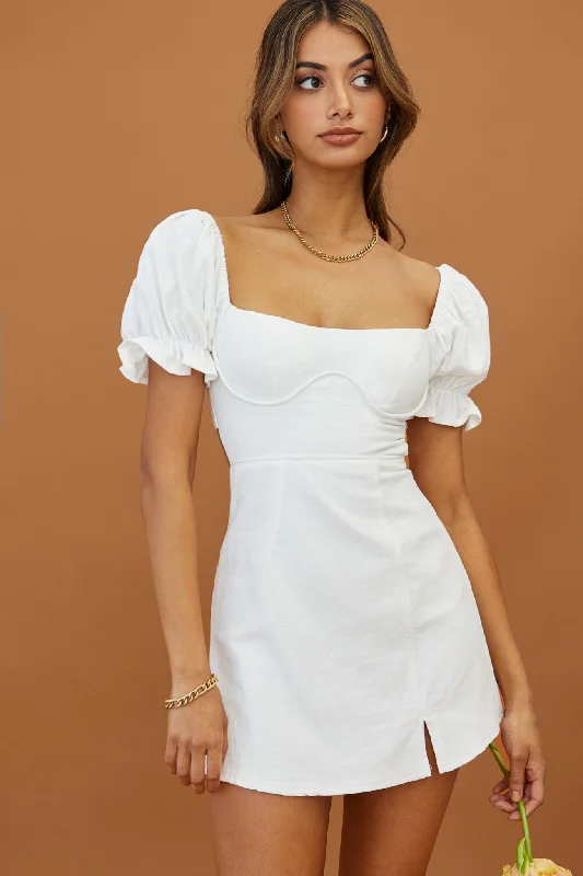 Norma Jean Puff Sleeve Piping Trim Mini Dress White Elegant Satin Lace Mini Dress