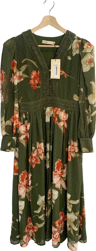 Oasis Khaki Floral Printed Ossby Chiffon Midi Dress UK 10 Trendy Shift Midi Dress