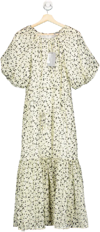 Oliver Bonas Yellow Floral Textured Midi Dress UK 8 Stylish Midi Dress with Cuffs