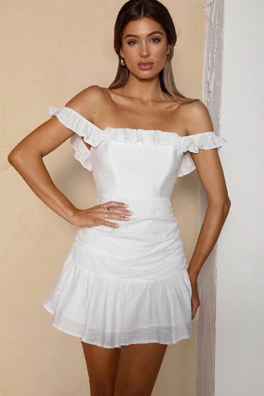 Paradis Off-Shoulder Ruched Bodice Mini Dress White Elegant Tulle Mini Dress