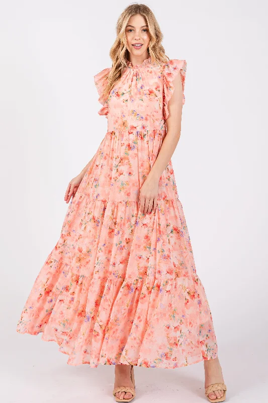 Peach Floral Chiffon Ruffle Shoulder Tiered Maxi Dress