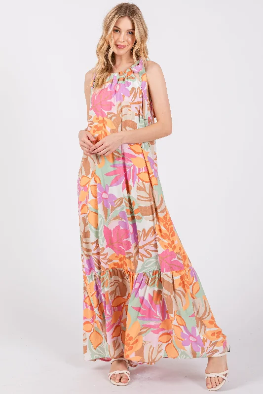 Pink Floral Shoulder Tie Empire Maxi Dress