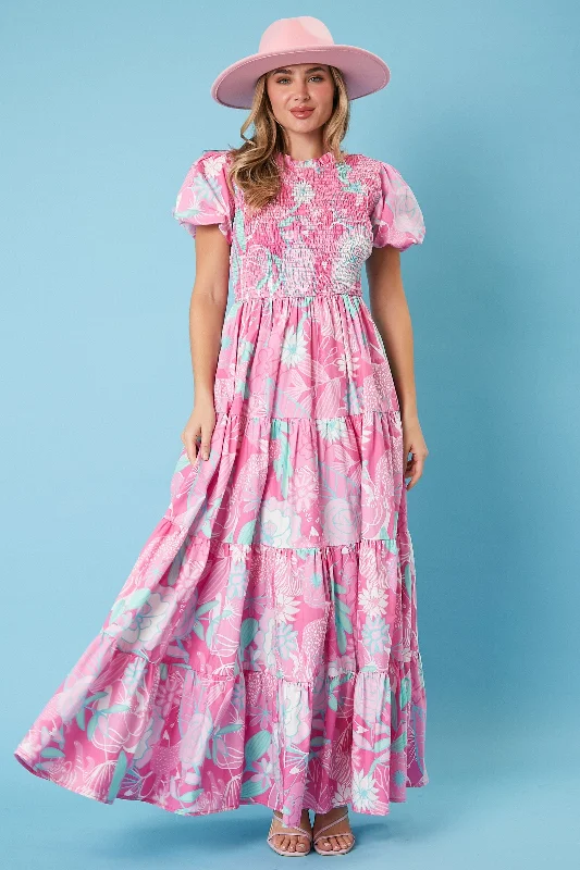 Pink Floral Smocked Short Puff Sleeve Tiered Maxi Dress