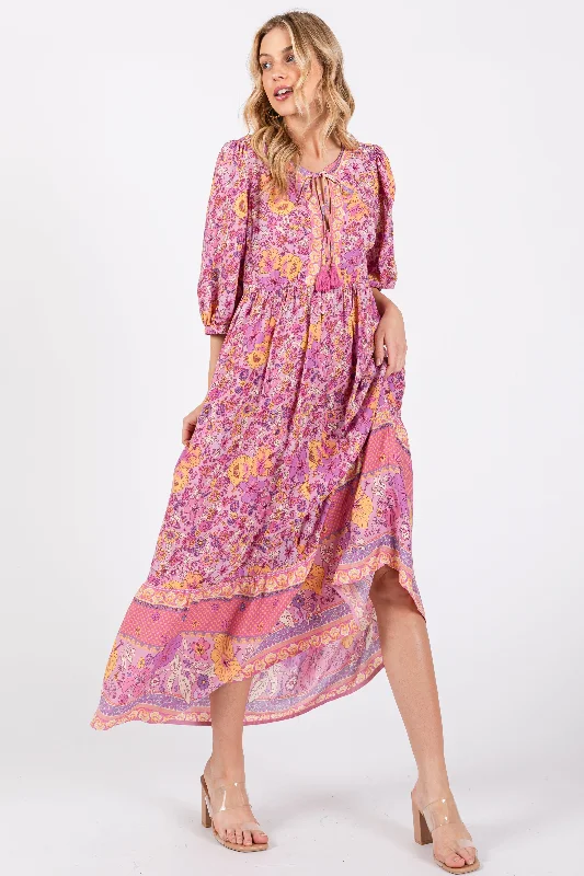 Pink Floral Tassel Tie Maxi Dress