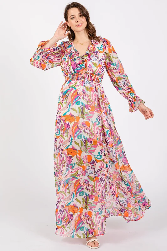 Pink Print Ruffle Long Sleeve Maxi Dress