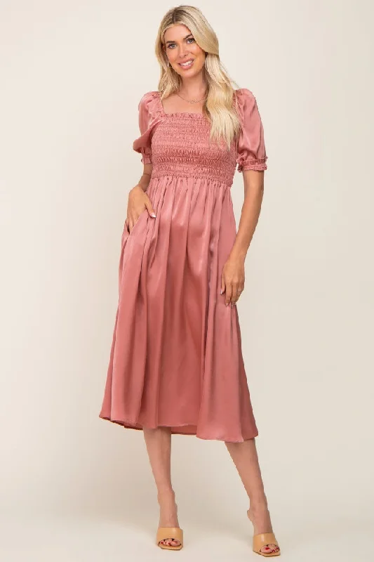 Pink Satin Puff Sleeve Midi Dress Fashionable Chiffon Midi Dress