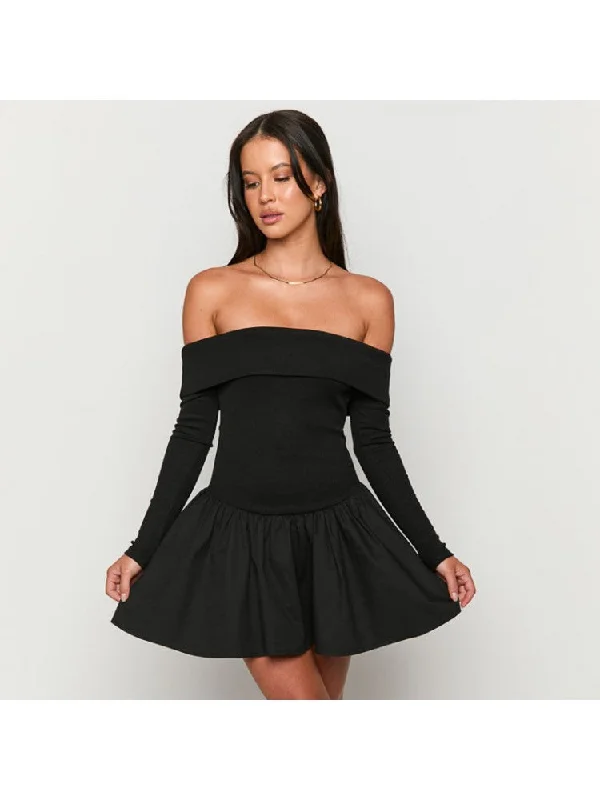 Plain Color Off Shoulder A-line Mini Dress Classic Shift Mini Dress
