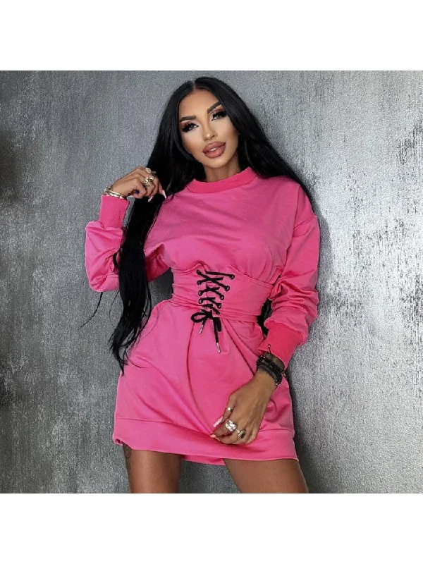 Plain Color Waistband Lace Up Mini Dress Classic Black Mini Dress