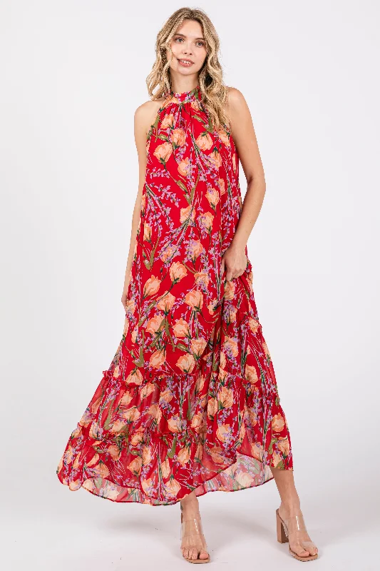 Red Floral Halter Maxi Dress