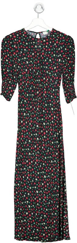 Rixo Black Floral Print Midi Dress UK S Stylish Button-Up Midi Dress