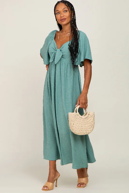 Sage Textured Dot Front Tie Ruffle Sleeve Midi Dress Stylish Button-Down Midi Dress