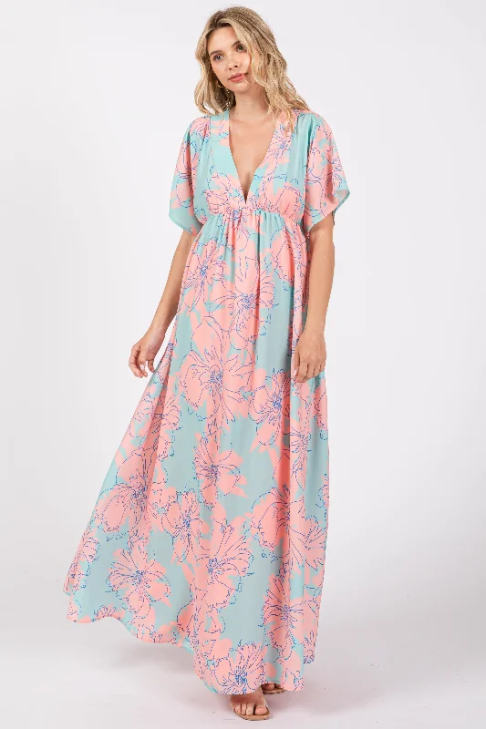 Salmon Floral Back Cutout Maxi Dress