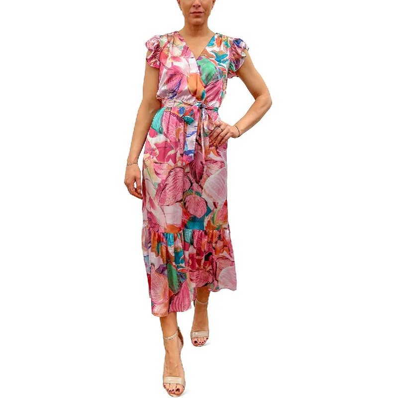 Sam Edelman Womens Floral Faux Wrap Midi Dress Elegant Satin Slip Midi Dress
