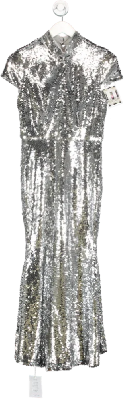 Self-Portrait Metallic Sequin Twist Neck Midi Dress UK 4 Trendy Square Neck Midi Dress Self-Portrait Metallic Sequin Twist Neck Midi Dress UK 4 Trendy Square Neck Midi Dress