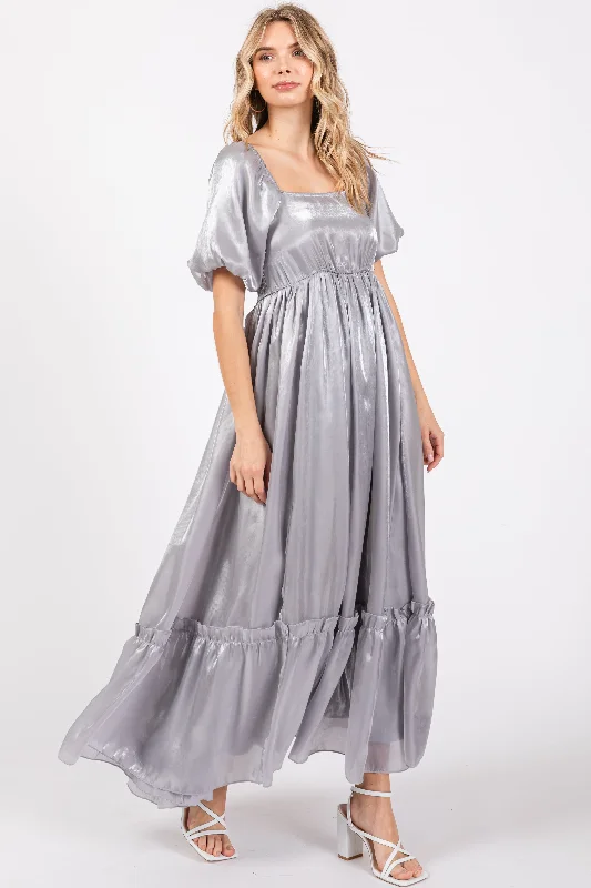 Silver Satin Square Neck Short Puff Sleeve Maxi Dress