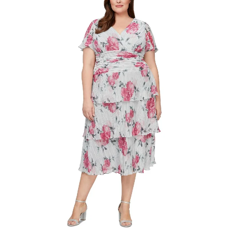 SLNY Womens Plus Metallic Floral Midi Dress Elegant Lace Trim Midi Dress