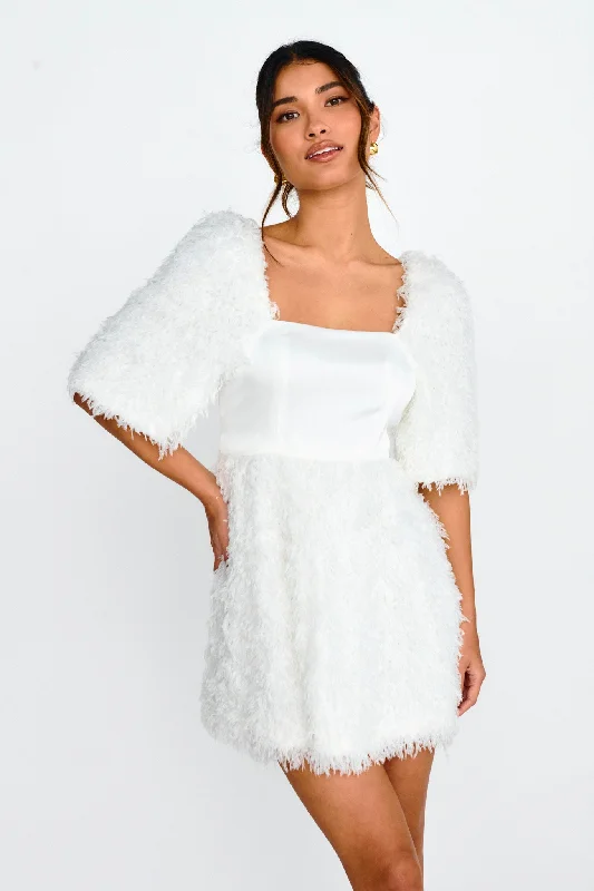 Snowflake Fuzzy Mini Dress Off White Elegant Silk Mini Dress