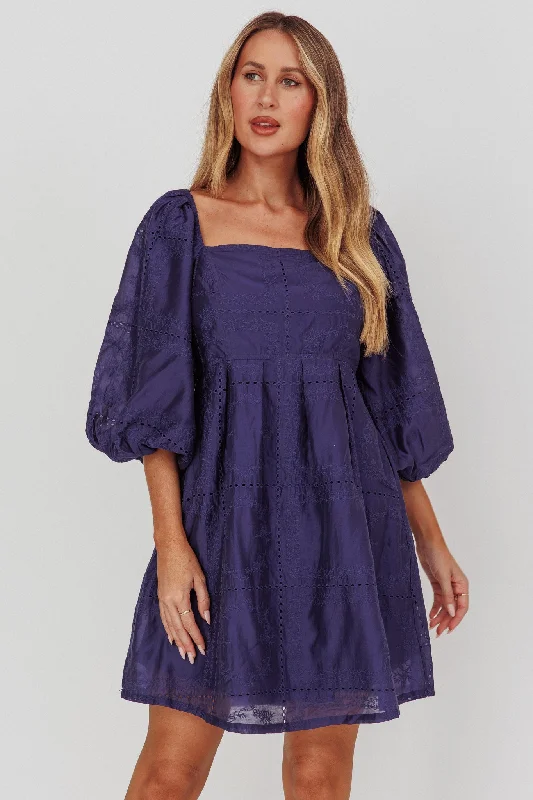 Summerlin Puff Sleeve Eyelet Mini Dress Navy