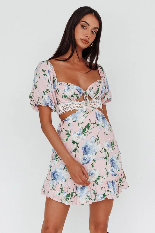 Sweet Romance Cut-Out Mini Dress Pink Chic Puff Sleeve Mini Dress