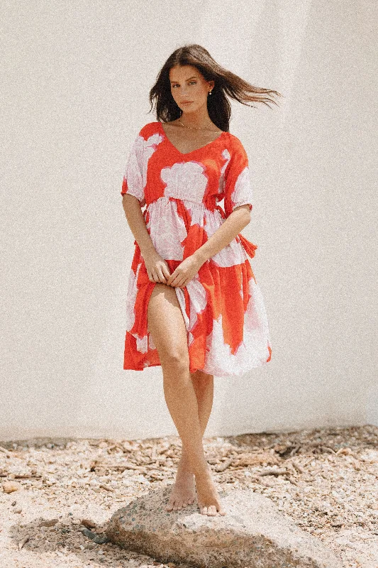 Syville Short Sleeve Mini Dress - Red Pink Floral Classic Floral Mini Dress