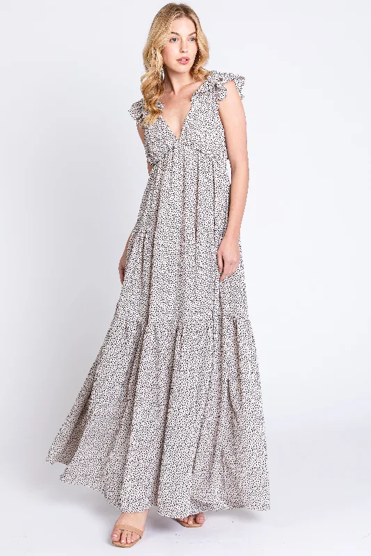 Taupe Printed Tiered Cutout Back Maxi Dress