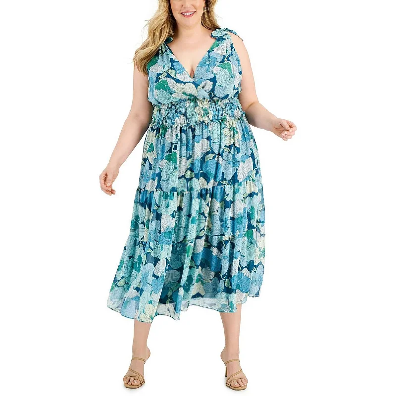 Taylor Womens Plus Chiffon Metallic Midi Dress Elegant Lace Trim Midi Dress
