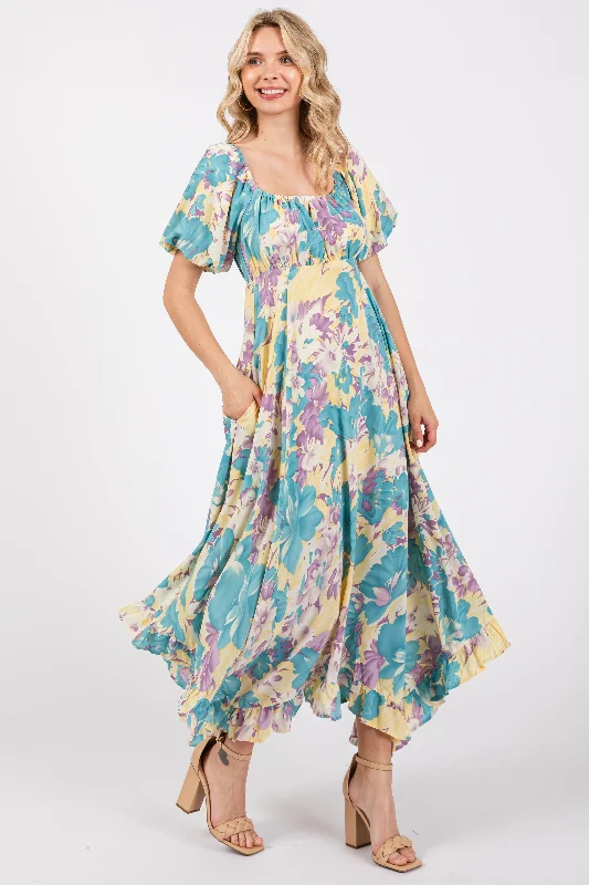 Teal Floral Puff Sleeve Handkerchief Hem Maxi Dress