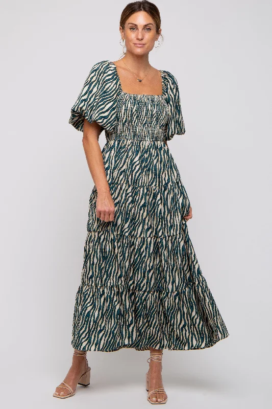 Teal Printed Smocked Maxi Dress