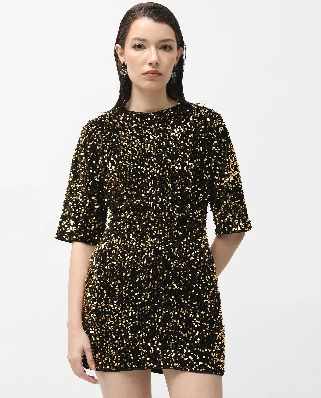 Rareism Women Tiana Sheen Gold Sequined Round Neck 3/4 Sleeves And Back Zip Closure Mini Dress Cozy Sweater Mini Dress Rareism Women Tiana Sheen Gold Sequined Round Neck 3/4 Sleeves And Back Zip Closure Mini Dress Cozy Sweater Mini Dress