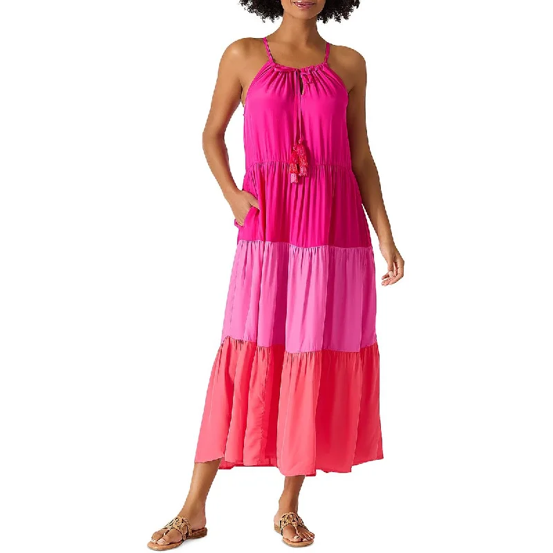 Tommy Bahama Womens Colorblock Tiered Midi Dress Fashionable Off-Shoulder Dress Midi