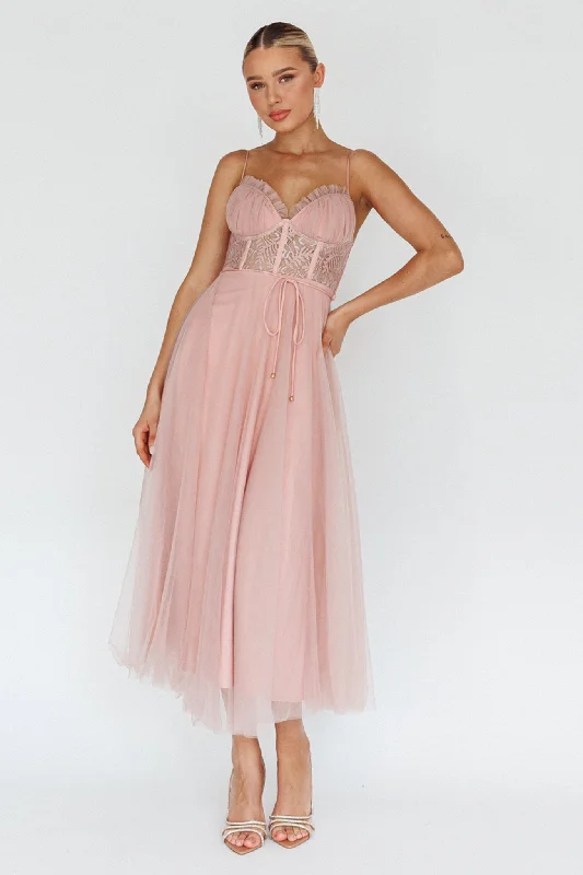 Trophy Lace Bodice Mesh Midi Dress Blush