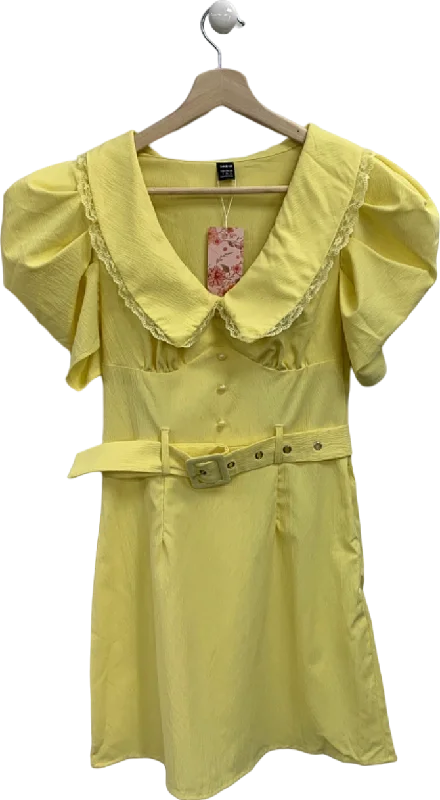 Yellow Belted Puff Sleeve Midi Dress UK S Comfortable Casual Midi Dress
