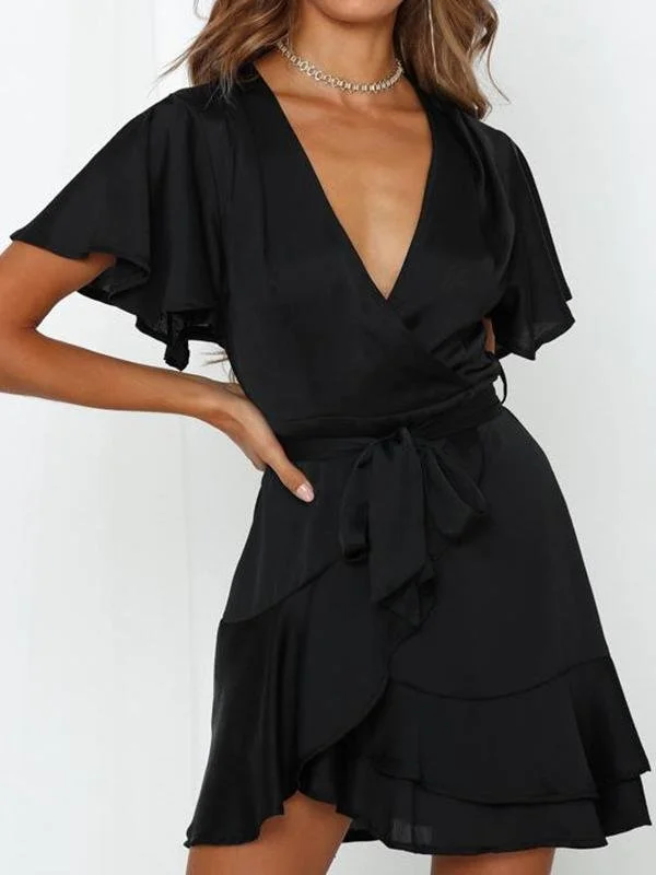 V-neck Ruffled Belt Wrap Mini Dress Chic Mini Dress with V-Neck