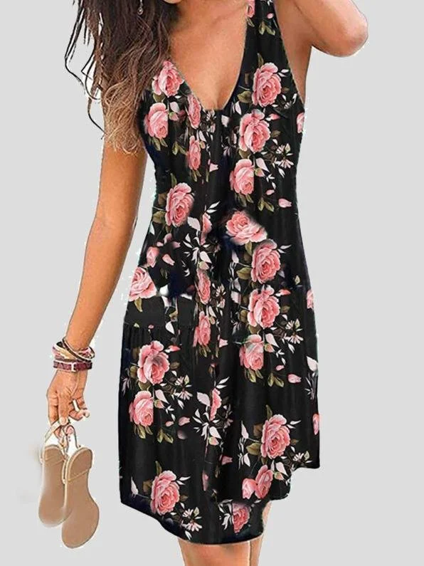 V-neck Sleeveless Print Mini Dress Trendy Mini Dress with Belt
