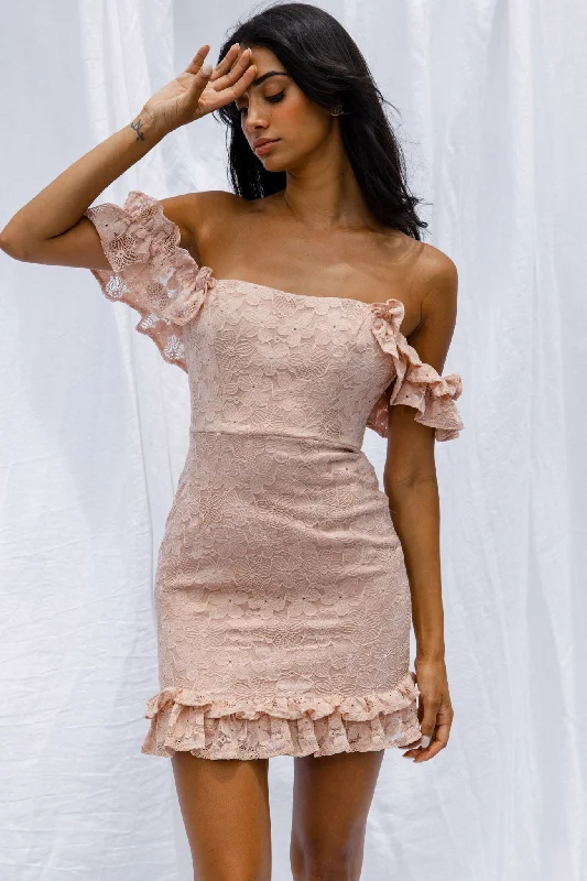 Verona Off-Shoulder Lace Overlay Mini Dress Blush Chic Bohemian Mini Dress