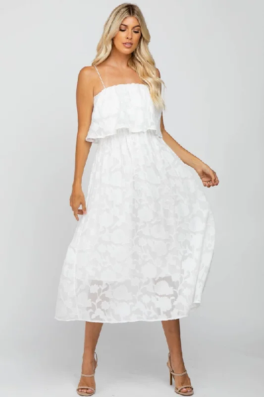 White Floral Midi Dress Elegant Satin Midi Dress