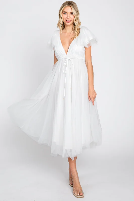 White Tulle V-Neck Flutter Sleeve Midi Dress Trendy Off-Shoulder Button Midi Dress
