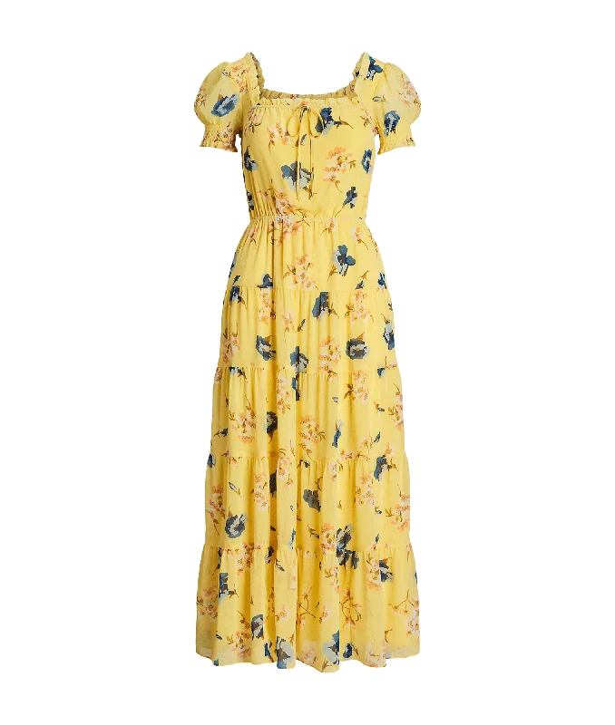 Floral Georgette Puff-sleeve Midi Dress - Yellow Comfortable Sleeveless Midi Dress