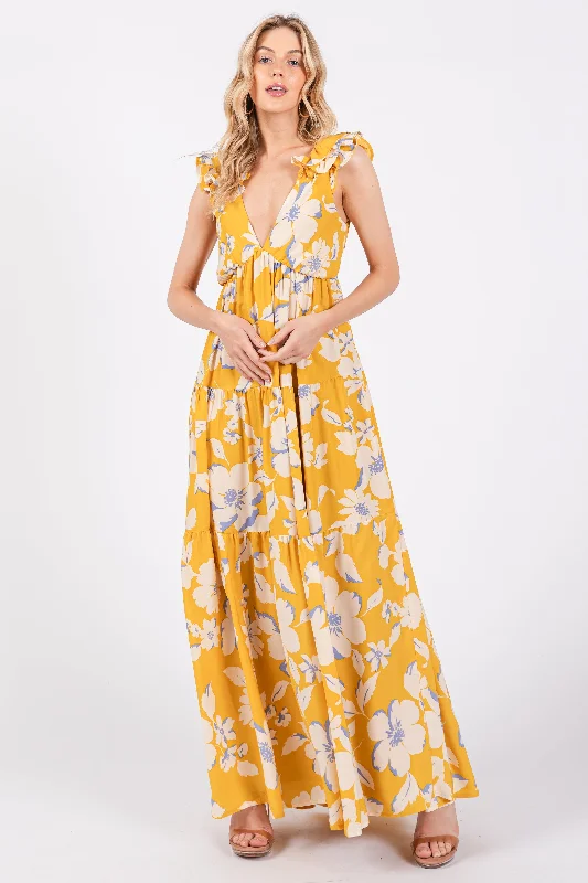 Yellow Floral Deep V-Neck Open Back Maxi Dress