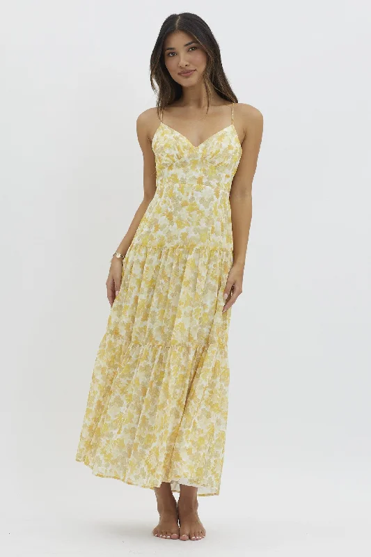 Yellow V Neckline Floral Print Maxi Dress