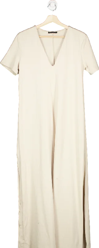 Zara Beige Short Sleeve Midi Dress S Stylish Button-Up Midi Dress