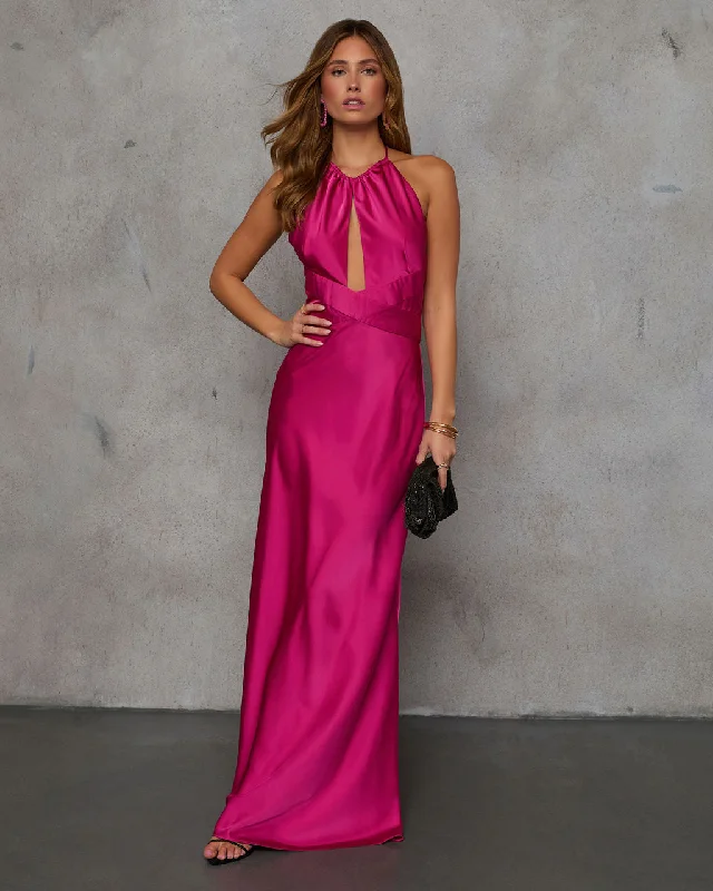 Adelynn Satin Halter Maxi Dress Fashionable High-Waist Maxi Dress