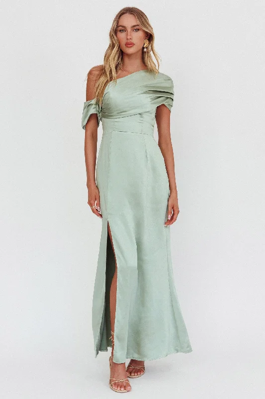 Bellissima Asymmetric Shoulder Maxi Dress Sage Trendy Maxi Dress with Bow