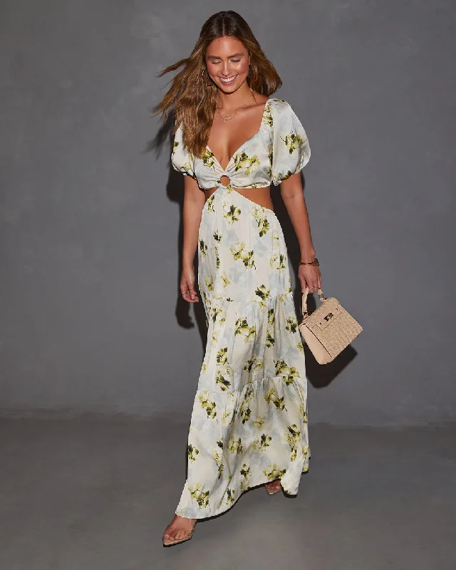 Cambria Satin Floral Puff Sleeve Maxi Dress Comfortable Fitted Maxi Dress