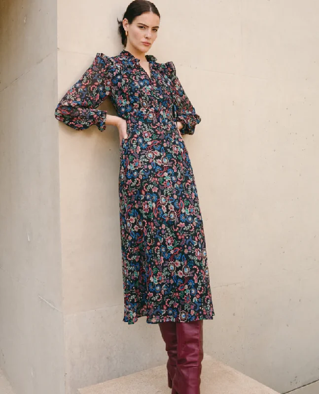 Cefinn Lucinda Navy Floral Print Maxi Dress Stylish Pleated A-Line Maxi Dress