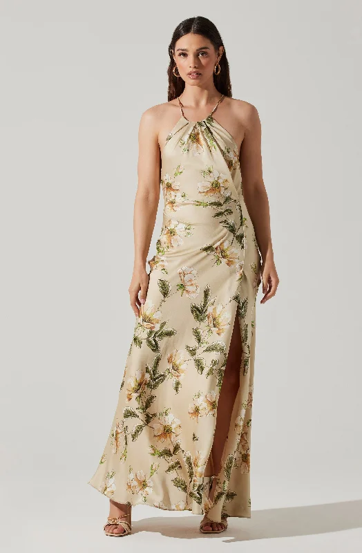 Elynor Satin Floral Halter Maxi Dress Trendy Fit-and-Flare Maxi Dress
