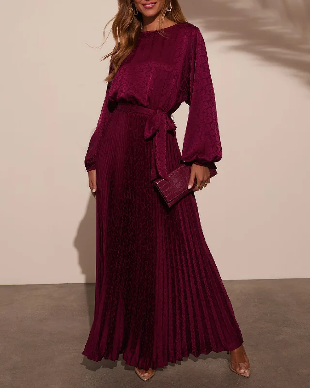 Fairytale Satin Pleated Tie Waist Maxi Dress Comfortable Plunging Neckline Maxi Dress Fairytale Satin Pleated Tie Waist Maxi Dress Comfortable Plunging Neckline Maxi Dress